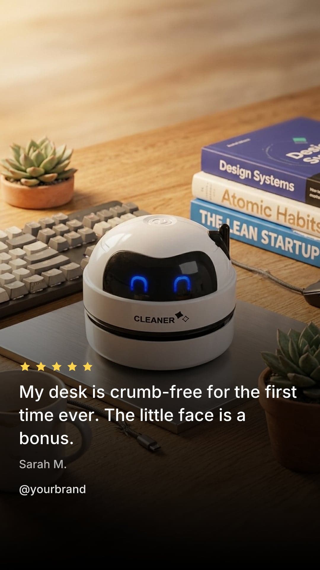 The finished Story: the same desk cleaner placed in a generated desk scene, with the review typeset over it